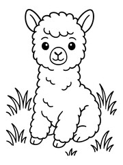 Fototapeta premium Cute Alpaca Drawing: A charming, fluffy alpaca is depicted in a simple line drawing, sitting on a patch of grass. This illustration is perfect for children's books or any project needing a sweet.