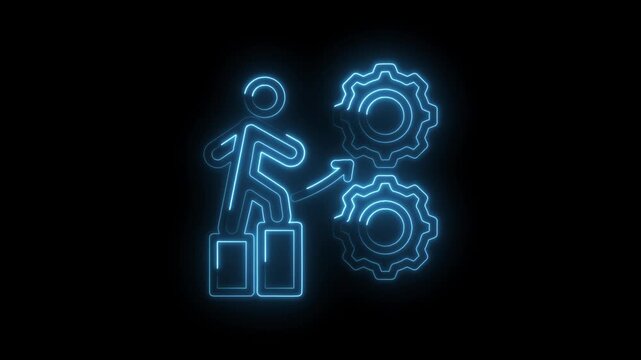 Neon blue stick figure person activating interlocking gears with arrow motion graphic on icon