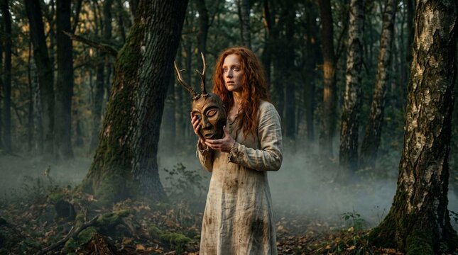Woman holding deer head in misty forest folk horror scene