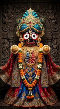 Highly detailed gorgeous deity statue adorned with heavy gold jewelry and colorful garments for the famous ratha yatra and peaceful jagannath ratha yatra puja event
