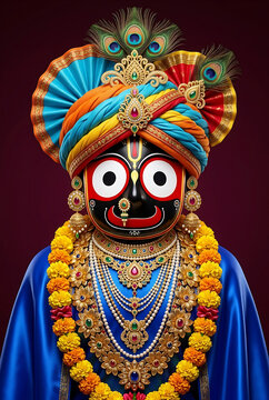 Majestic portrait featuring a colorful turban and gold necklaces draped over blue fabric honoring the sacred ratha yatra and beautiful jagannath ratha yatra puja festival