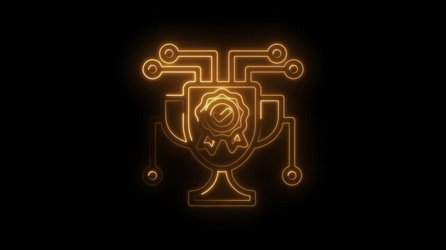 Glowing neon trophy with digital circuit connections and quality seal icon symbolizing