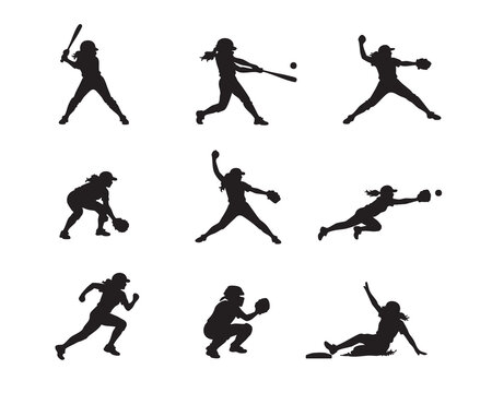 Female softball player silhouette vector illustration set, black women baseball athletes collection pitching, batting, running, and sliding, sports girls icons isolated on white background.