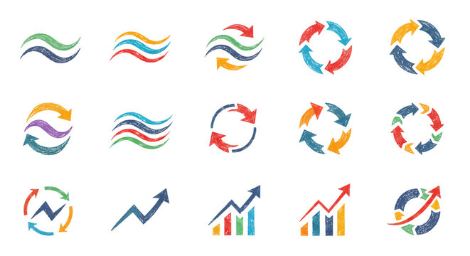 Hand drawn colorful business arrow icons and growth charts