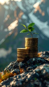 A small green plant grows from stacked coins on rocky terrain