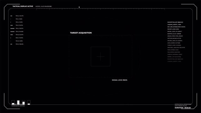 Tactical HUD interface with target acquisition and data display, cyber technology overlay 4k video