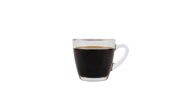 A clear glass mug filled with dark black coffee on a white background.