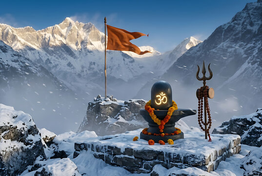Majestic snowy mountain peak background framing a highly sacred shiva lingam beside traditional trishul honoring mahadev beneath orange flag for upcoming winter maha shivratri pilgrimage