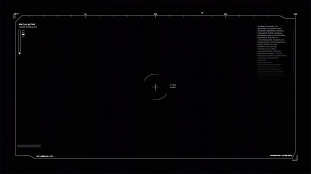 Futuristic cyber HUD interface with digital status data and crosshair, high-tech motion graphic 4k video