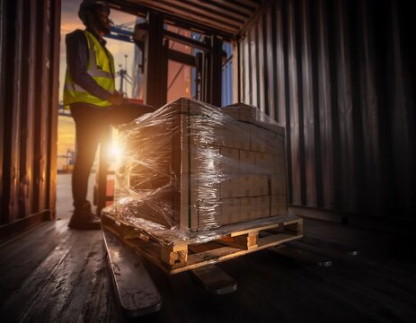Warehouse Worker Operating Forklift Loading Pallet Inside Shipping Container.
