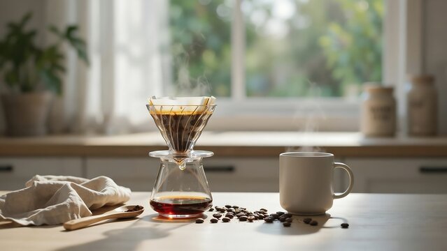 Coffee maker and cup on table with coffee beans and spoon in kitchen interior