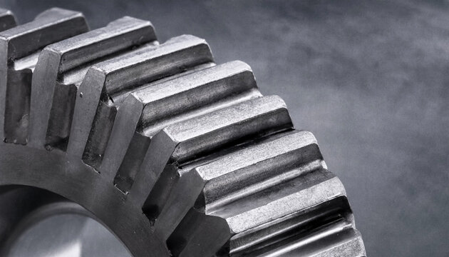 Closeup of a metallic industrial gear wheel on a dark textured background