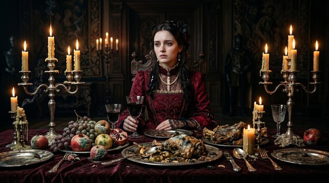 Woman Sitting at a Dark Feast Table in Horror Fine Art