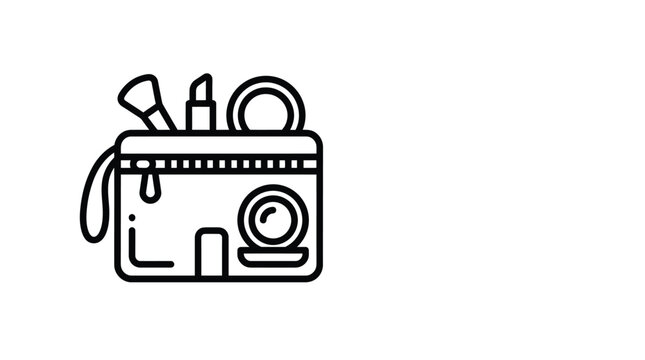 A minimalist black and white line art icon of a makeup bag filled with beauty products.