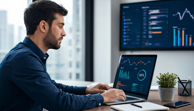 Professional businessman analyzing financial data on laptop in modern office