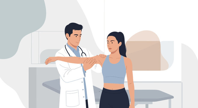 Doctor examining athletic woman's shoulder in a clinic examination room