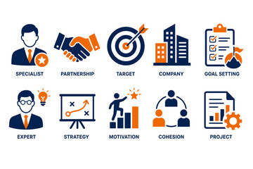 Fototapeta premium Icons representing corporate business concepts are arranged in a grid to illustrate professional development, leadership, and strategic goal setting.