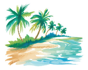 Fototapeta premium Watercolor Tropical Island Landscape, Beach Palm Trees, Summer Nature Scene vector illustration isolated on white background