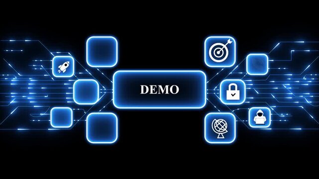 Digital Demo concept animated with glowing icons representing finance and security. 4k technology ,animation video..