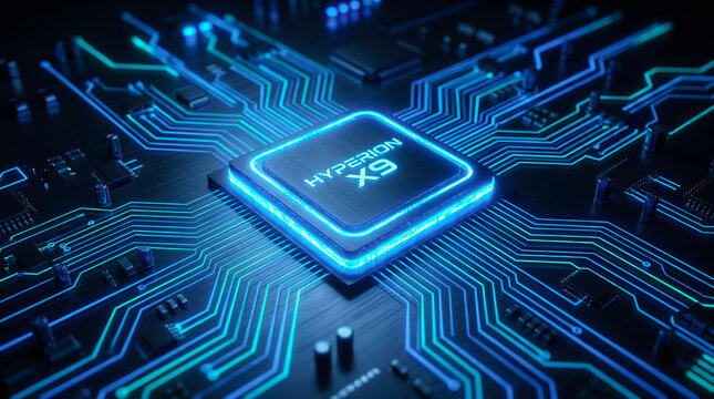 Hyperion X9 Futuristic Central Processing Unit Mounted on a High Tech Printed Circuit Board with Glowing Data Lines