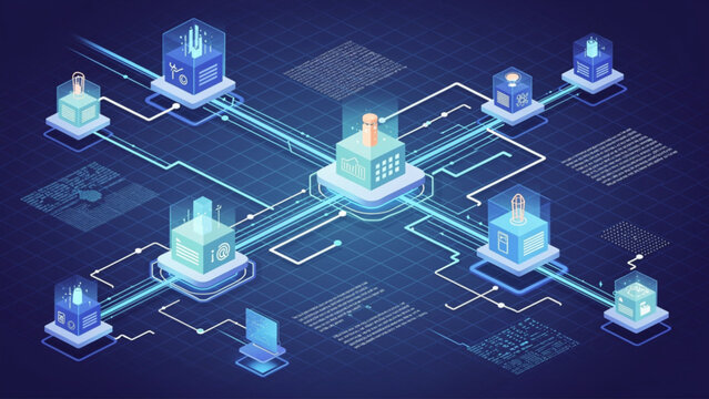 Isometric blockchain network nodes connected by data lines.