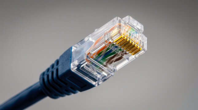 Close up of a blue RJ45 Ethernet network cable connector showing internal twisted pair copper wiring and gold pins
