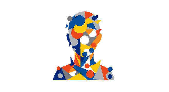 Fragmented geometric human bust with explosive shapes.