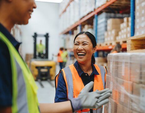 Warehouse Workers Smiling and Collaborating During Inventory Management Process.