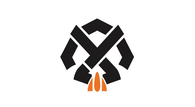 Geometric black shield logo with orange rocket flame.