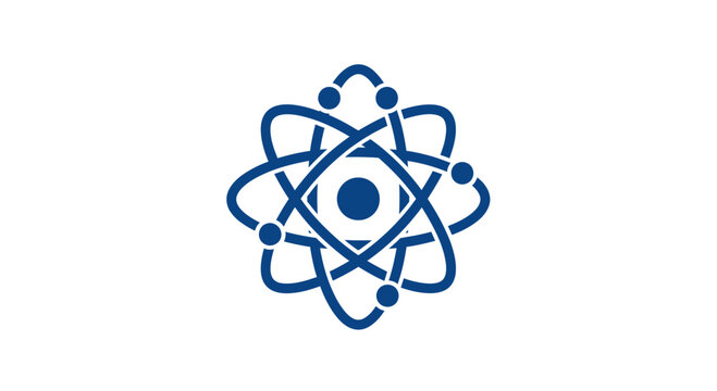Geometric blue atom nucleus orbit icon.