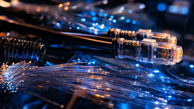 Fiber optic cables with glowing light transmission for high speed internet