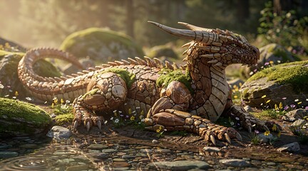 Fototapeta premium Magical forest dragon resting on mossy ground in sunlit clearing.