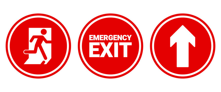 Circular Emergency Exit Sign Set with Running Man Symbol Direction Arrow and Red Safety Evacuation Icons