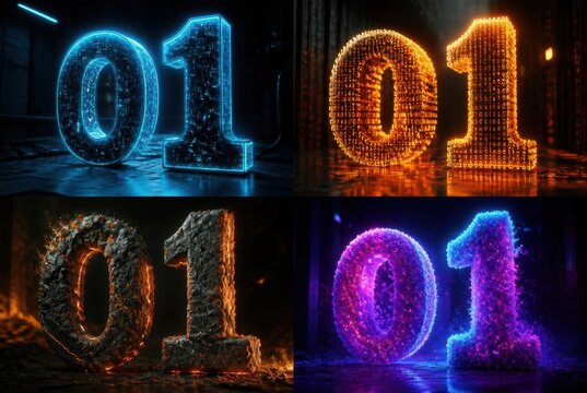 Set of four images showing glowing digital numbers 0 and 1 in various colors and textures.