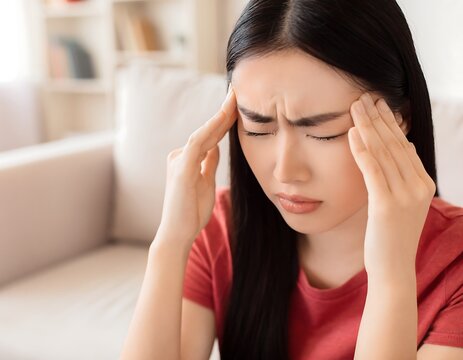 Woman Experiencing Headache, Stress, or Migraine, Holding Head in Pain.