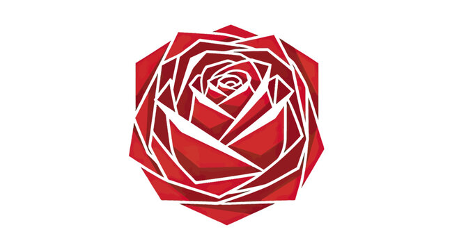 Geometric red rose blossom symbol on white background.