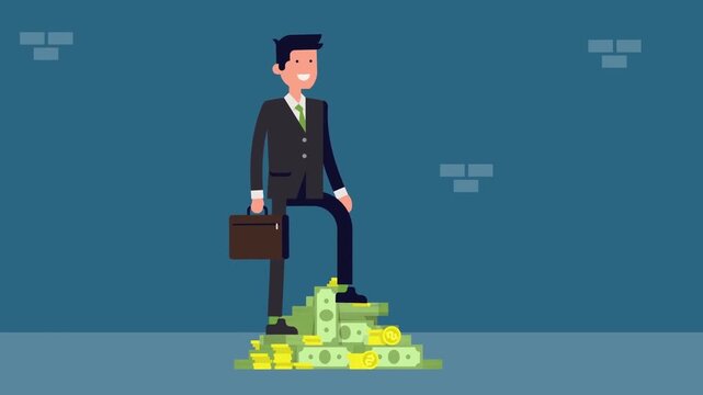 Businessman Standing Proudly on Top of a Stack of Cash Success Concept Animation