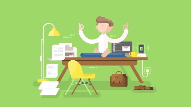 Stressed Employee Overwhelmed by Cluttered Desk and Flying Paperwork Mess Animation