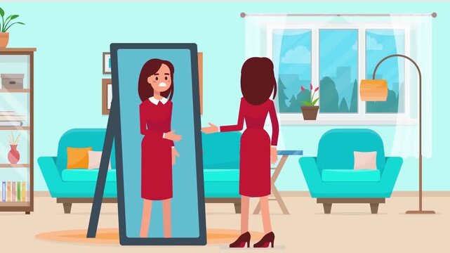 Woman Trying on a Elegant Red Dress and Looking at Full Length Mirror Animation