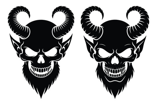 Two black and white devil skull heads with horns and beards isolated on a white background