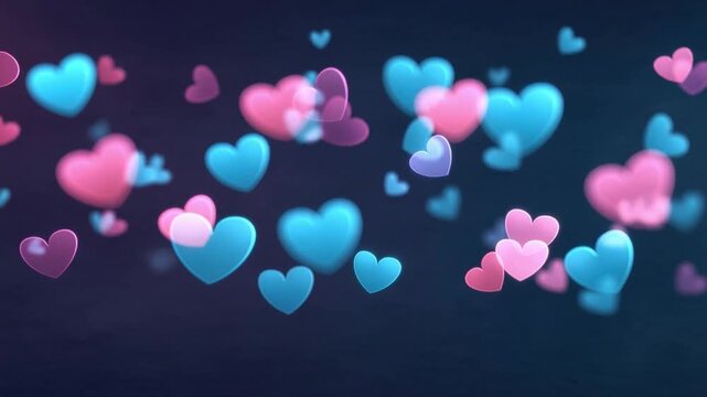 Abstract glowing heart shapes in pink and blue colors floating on dark blurred background for romantic love celebration design and festive greeting card concept