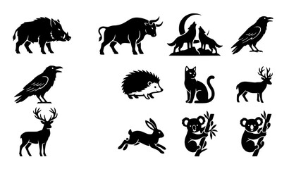 Wildlife animal icon collection featuring hog bull wolves raven hedgehog cat deer rabbit and koala vector silhouettes © Emdadul