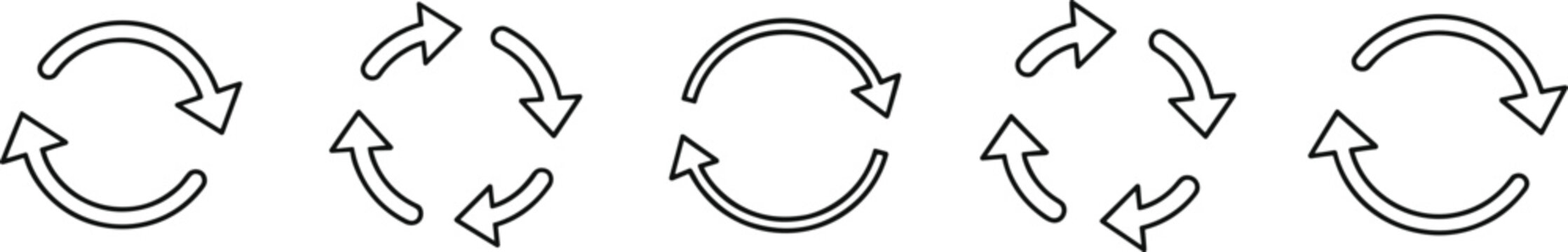Circular arrow icons collection, refresh and reload loop symbols, rotation cycle design, update process arrows, infinite motion signs, vector illustration