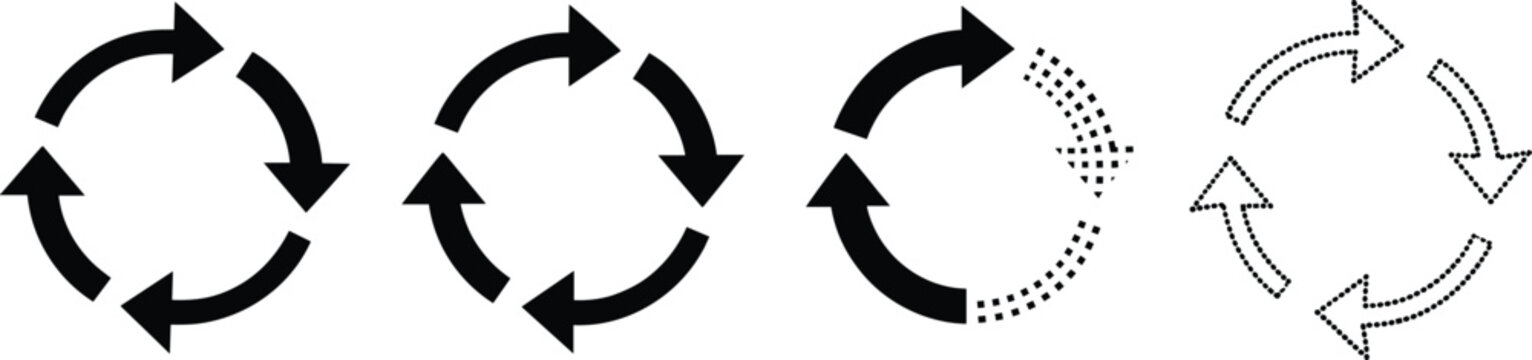 Circular Arrow Progression Icon Set Showing Cycle, Transition, and Fading Process in Black and White Design