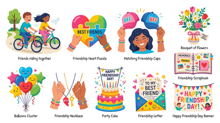 Fototapeta premium Colorful Friendship Day Illustration Set with Happy Friends, Heart Puzzle, Cake, Balloons, and Gift Cards