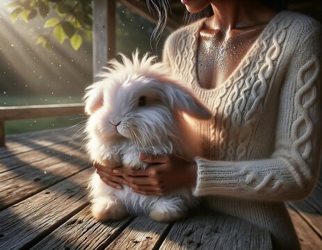 Woman Gently Holds a Fluffy White Bunny Rabbit on a Wooden Deck.