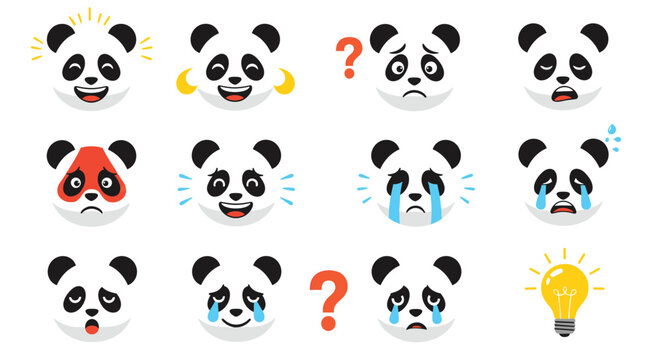 Large collection of twelve giant panda head icons showing various emotions including happy sad angry and surprised.