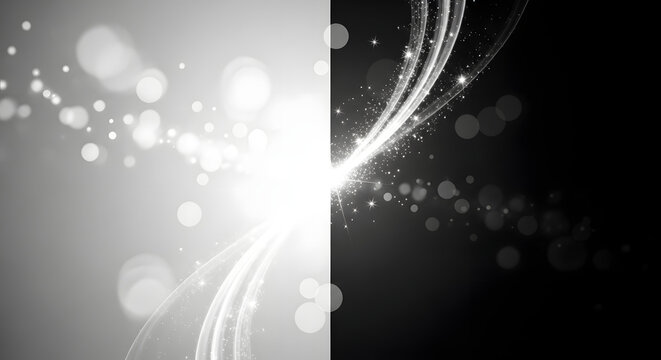 Contrast and Light: Abstract imagery split into a bright, glowing white half and a dark, shadowy black half, symbolizing duality and the play of light.