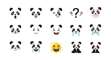 Obraz premium Large collection of panda emoji faces showing a variety of emotions including happy, sad, crying, and shocked expressions.