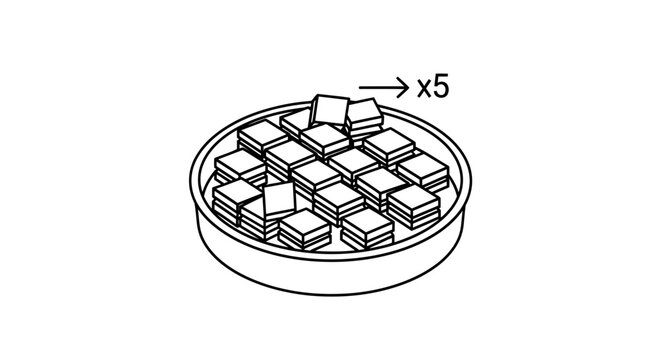 Pile of small square objects in a round container, quantity indicator x5